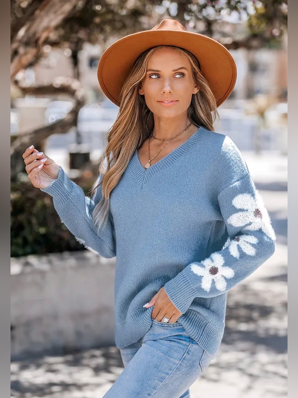 Coastal Blue V-Neck Daisy Sleeve Sweater